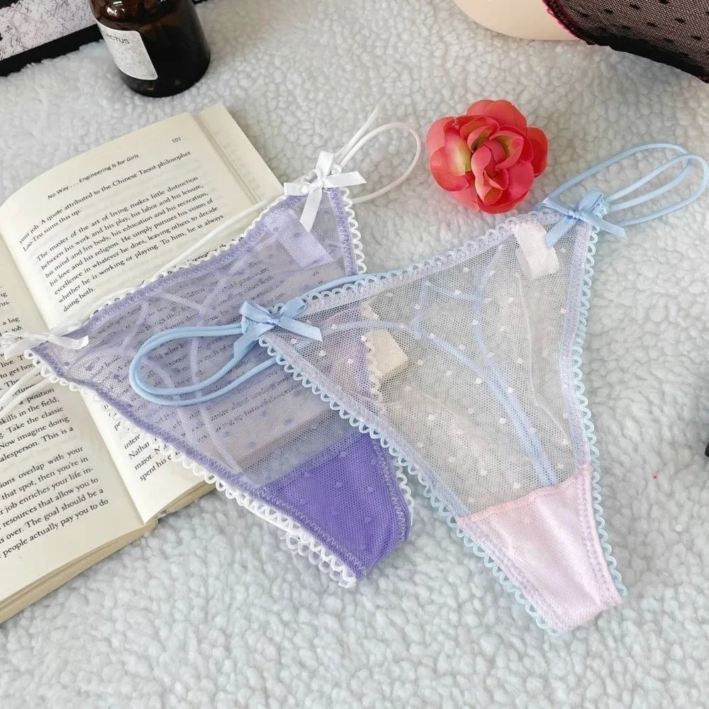 Women's Low Waist Mesh Lace Bow Thong Panties Briefs Women's Thong Panties PLUSH