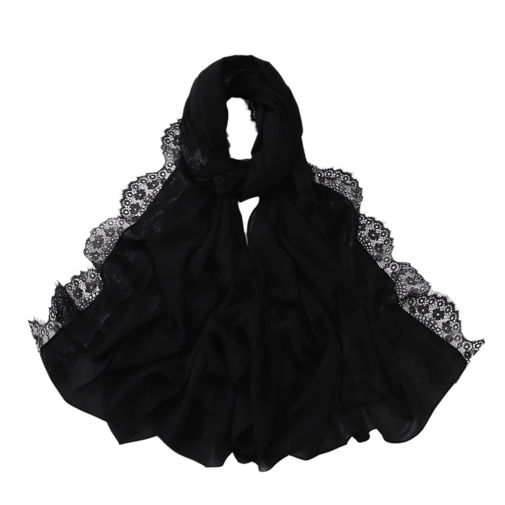 Women's Chiffon Hijab Scarf – Soft Lace Trim Long Shawl Wrap Hijab Head Scarf PLUSH Black