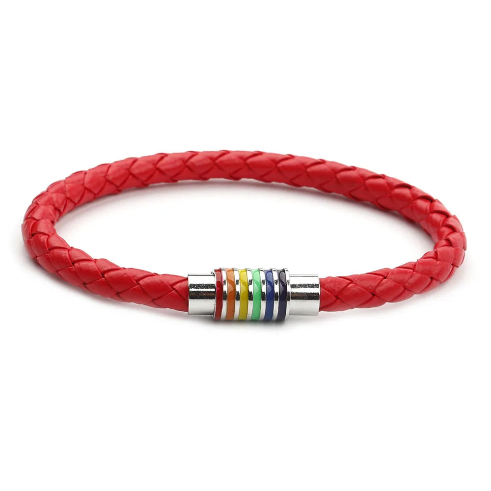 Rainbow Braided Leather Bracelet – Magnetic Buckle Unisex Bangle Leather Charm Bracelet PLUSH Red Silver