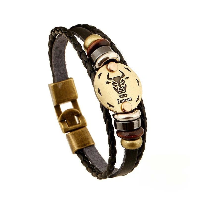 Retro Zodiac Constellation Leather Charm Bracelet – 12 Signs Leather Charm Bracelet PLUSH Taurus