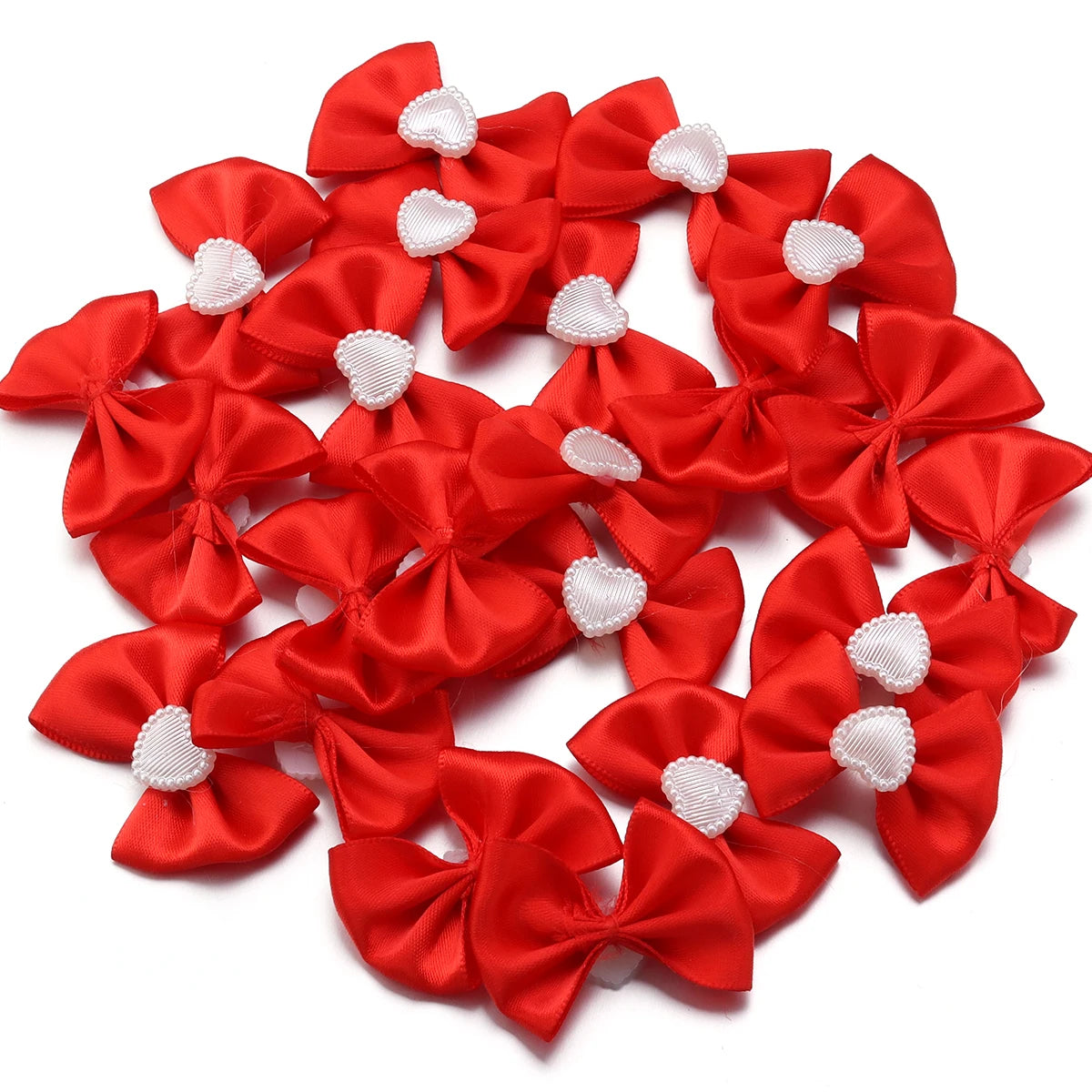 20pcs Satin Ribbon Bows with Pearl Heart – DIY Hair & Gift Decor Bow Appliques PLUSH Red