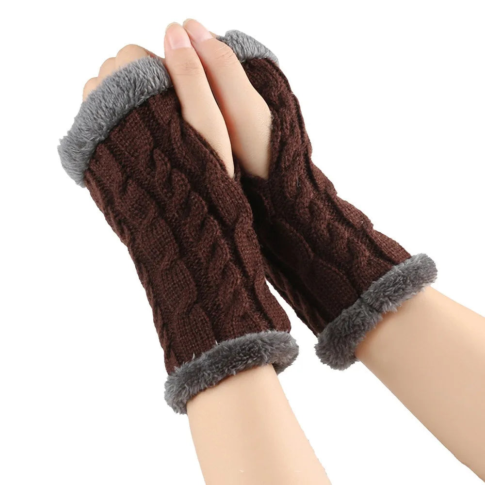 Vintage Knit Fingerless Gloves Faux Fur – Women's Winter Gloves Fingerless Knit Gloves PLUSH Coffee