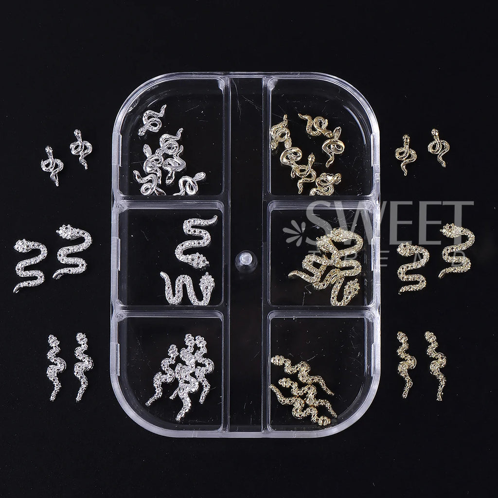 Rhinestone Snake Rivet Nail Charms – Punk Gold & Silver 2 Boxes Nail Art Charms PLUSH