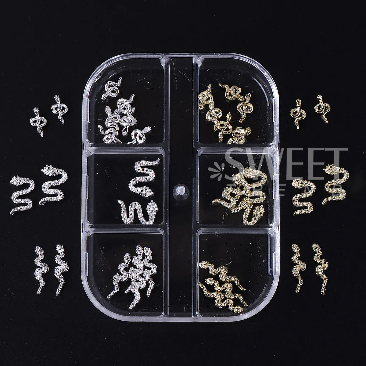 Rhinestone Snake Rivet Nail Charms – Punk Gold & Silver 2 Boxes Nail Art Charms PLUSH