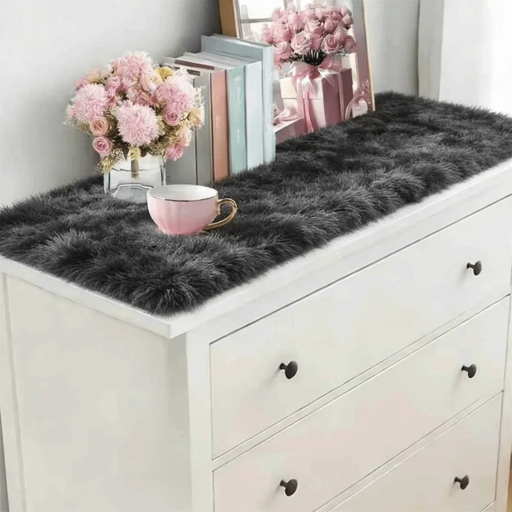 Gradient Plush Table Cushion – Fluffy Shaggy Desk & Cabinet Mat Plush Desk Mat PLUSH Black 19.69x31.50 in