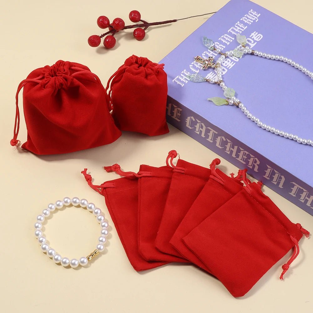Red Velvet Drawstring Bags for Jewelry & Gifts – 5-10pcs Jewelry Gift Pouches PLUSH