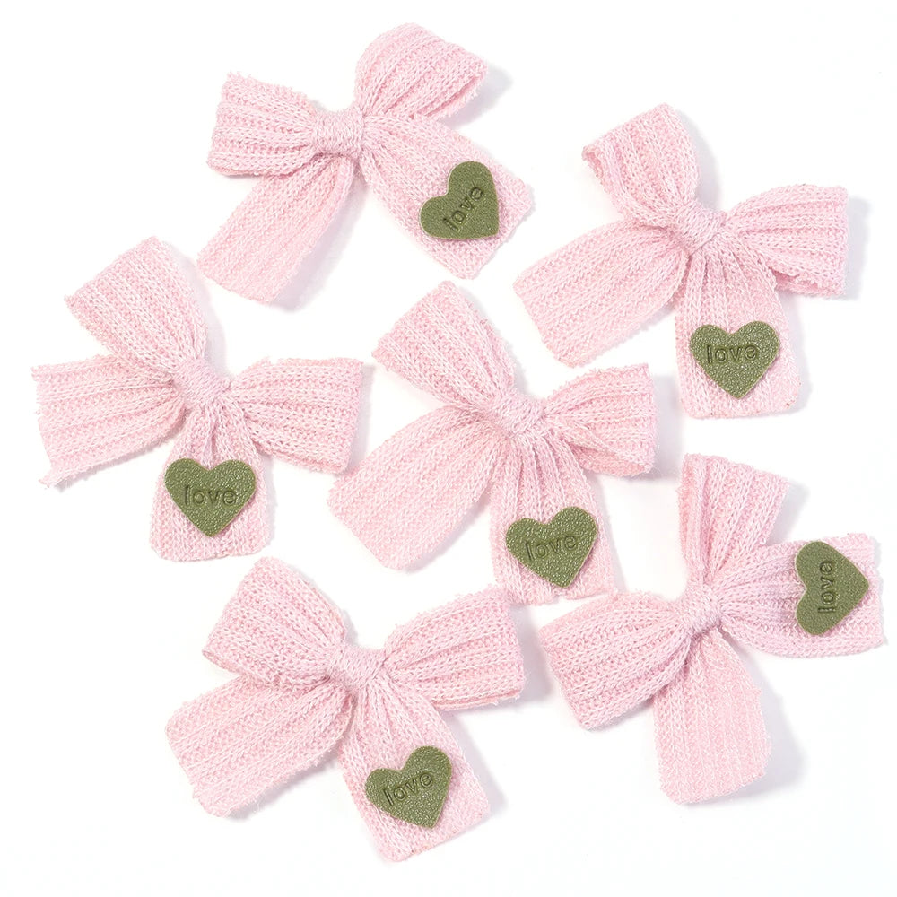 6pcs Knitted Bows Heart Tag – DIY Gift Craft Headwear Decor Craft Bow Set PLUSH pink