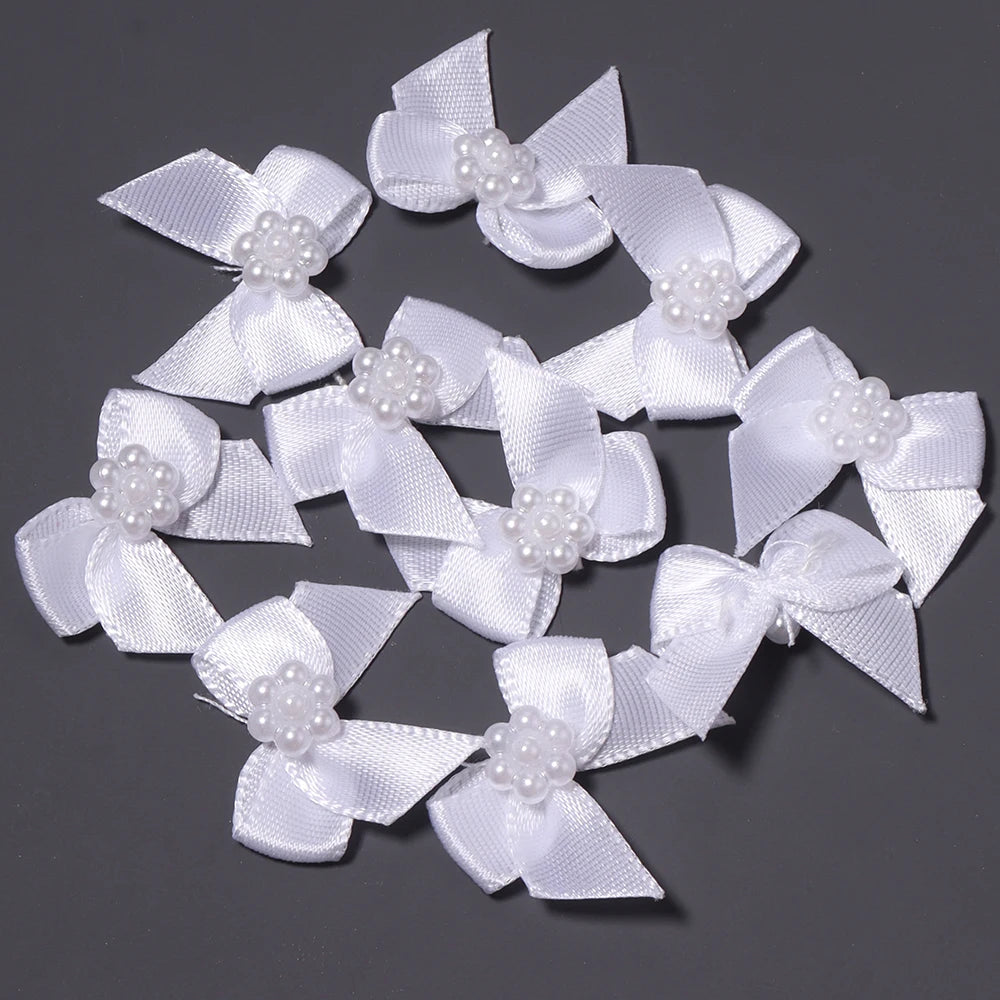 20pcs Pearl Satin Ribbon Bows – DIY Hair & Gift Decor Ribbon Bows PLUSH white