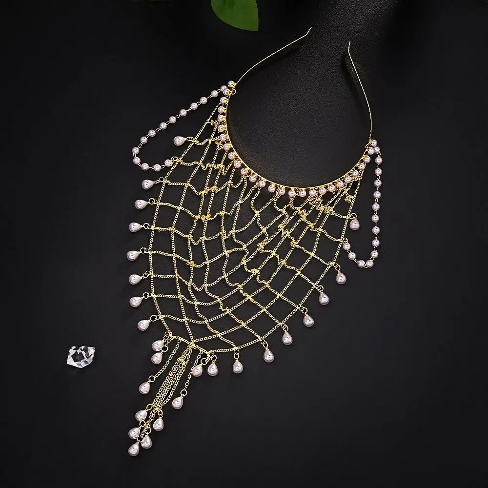 Pearl Hair Chain Draped Beaded Tassel Head Jewelry – Gold/Silver Pearl Hair Headpiece PLUSH