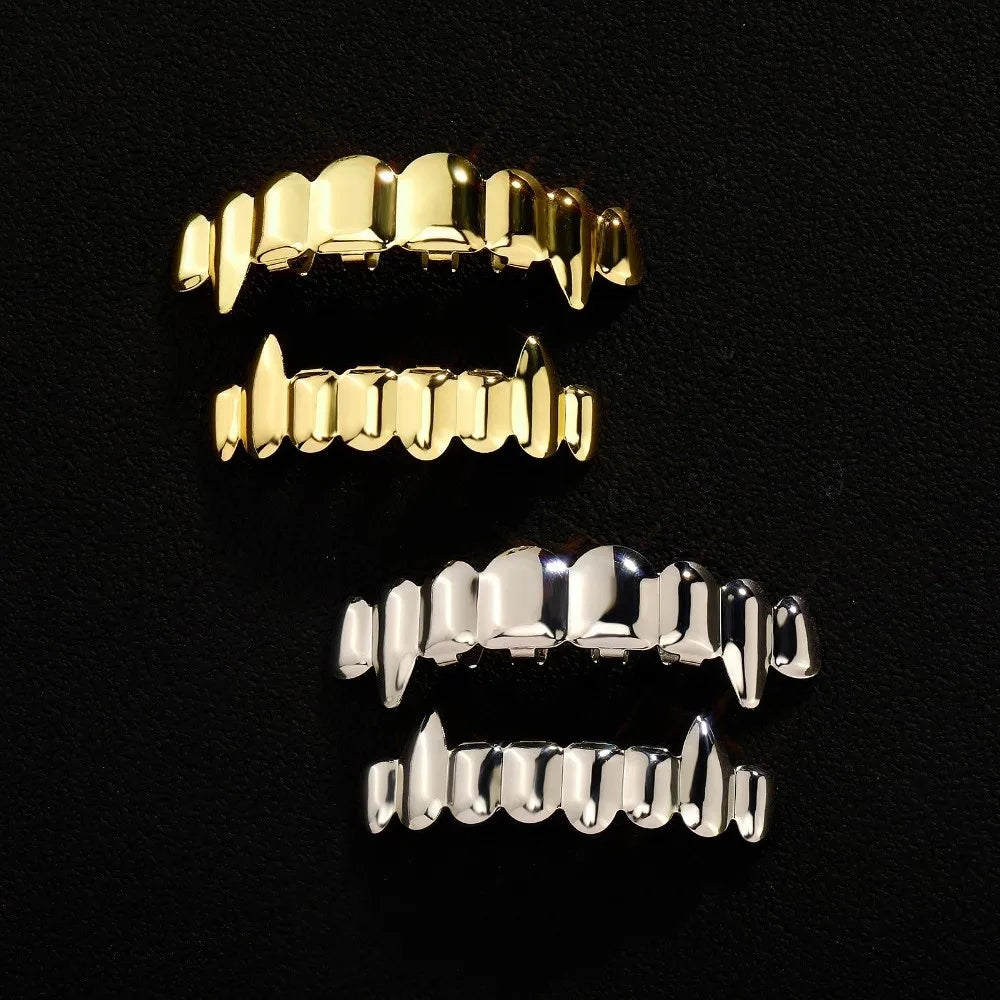 Hip Hop Teeth Grillz Top & Bottom Set – 18K Gold Fangs Costume Teeth Grillz PLUSH
