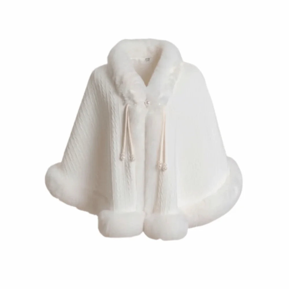 Women's Chinese Style Knitted Cloak Cape Shawl Wrap | Elegant Women's Cape Shawl PLUSH Beige One Size
