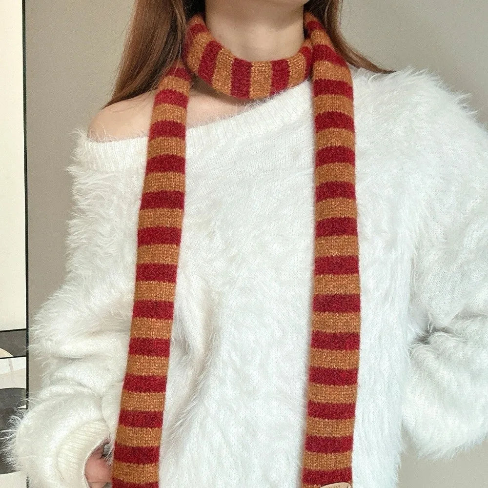Y2K Harajuku Striped Knit Scarf – Korean Neckerchief Shawl Knit Neckerchief Scarf PLUSH