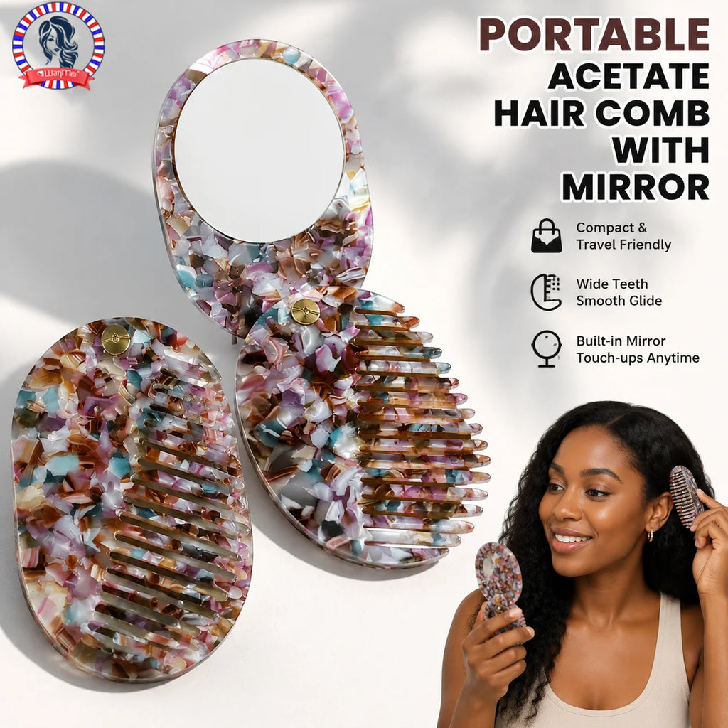 Foldable Travel Hair Comb with Mirror – Wide Tooth Detangler Travel Hair Comb PLUSH