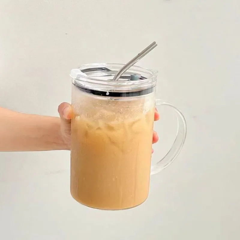 1L Glass Tumbler with Lid & Straw – Large Transparent Cup Glass Tumbler PLUSH