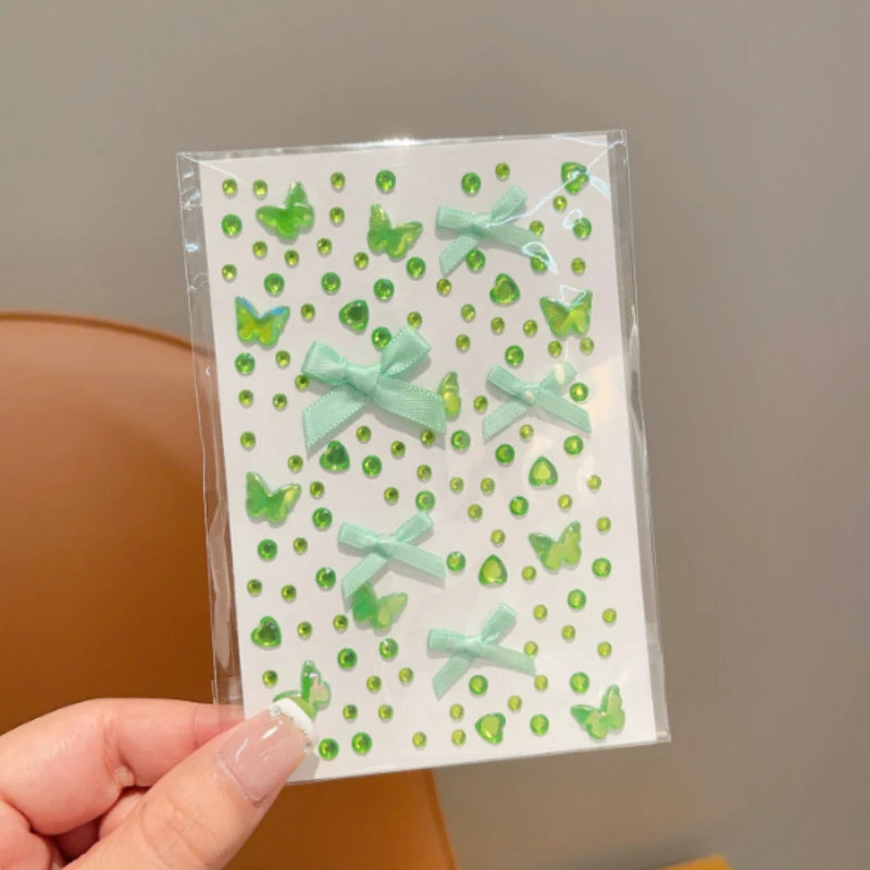 Colorful Rhinestone Stickers – Bow Heart Star Face & Craft Rhinestone Face Stickers PLUSH green