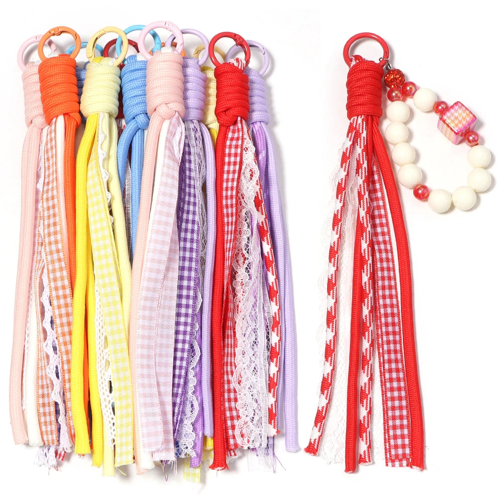 2pcs Lace Plaid Ribbon Braided Lanyard Keychain Charms DIY DIY Keychain Charm PLUSH