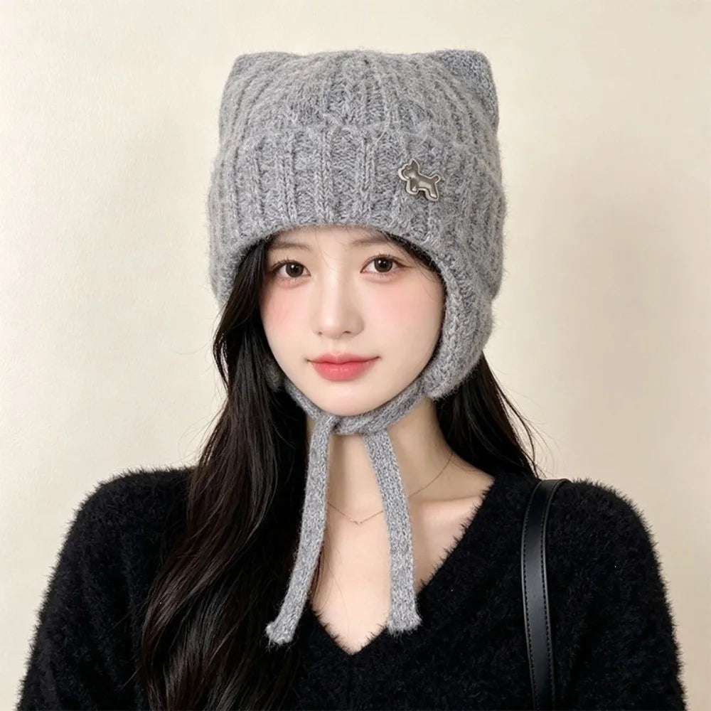 Women's Cat Ears Knit Slouchy Hat – Warm Ear Flap Cap Knit Ear Flap Hat PLUSH