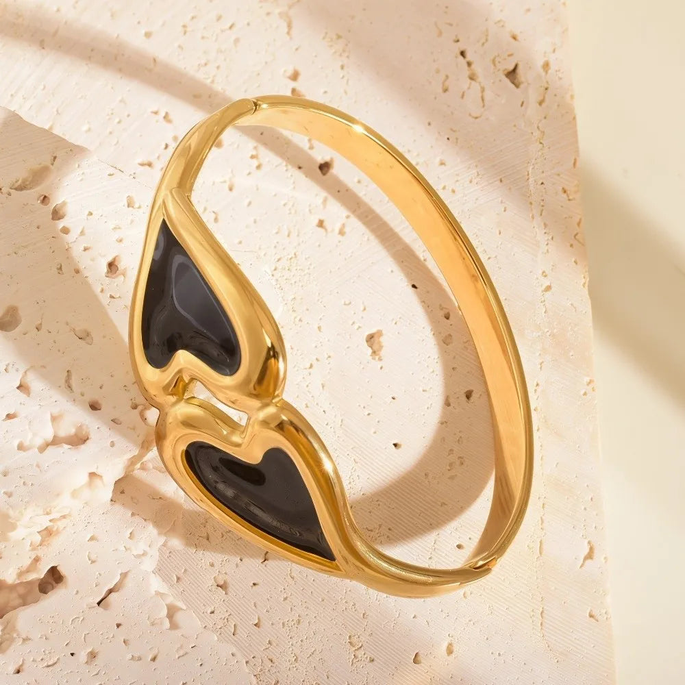 Heart Shape Enamel Bangle Bracelet – Cloisonné Flower Design Enamel Bangle Bracelet PLUSH Black