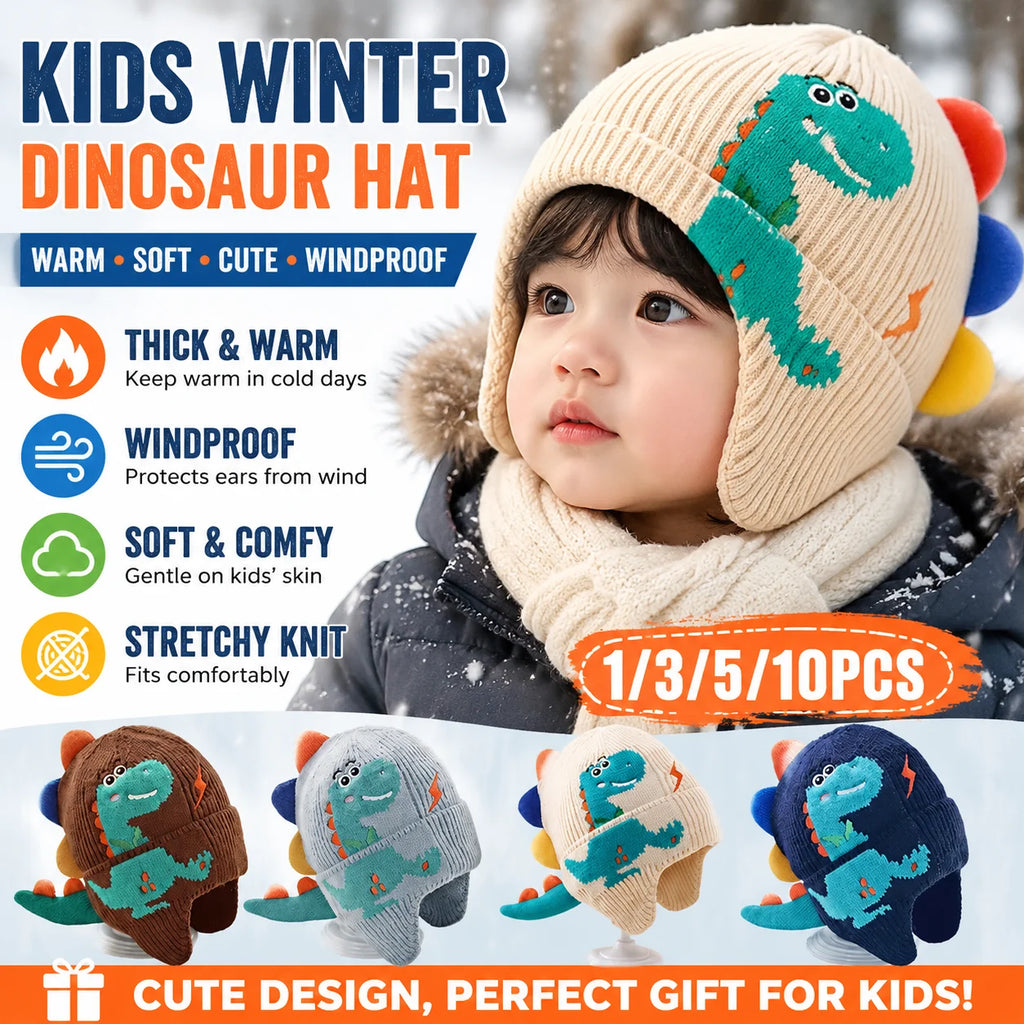 Kids Knitted Dino Beanie with Ear Flaps | Windproof Winter Hat Kids Winter Beanie PLUSH