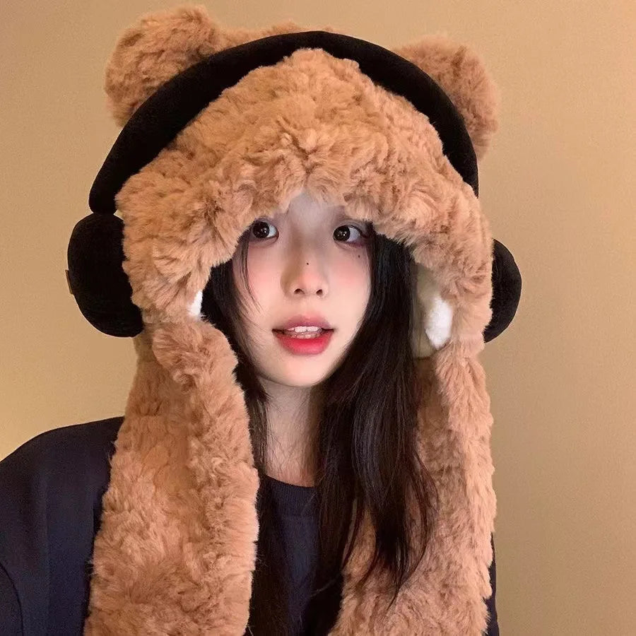 Women's Bear Ear Hat & Scarf Set – Fleece Lined Winter Hood Winter Hat Scarf Set PLUSH