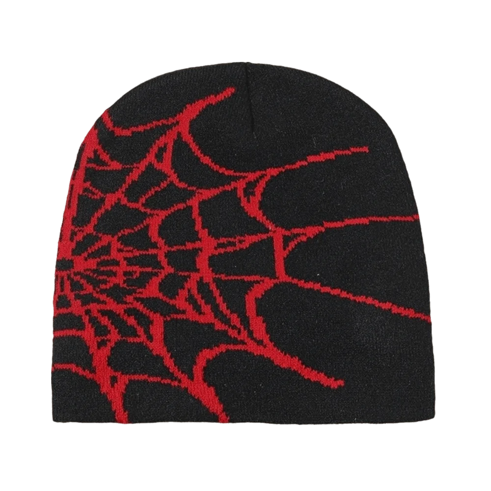 Y2K Spider Web Knit Beanie Hat – Cuffed Stretch, Multi Colors Knit Beanie Hat PLUSH Black-Red