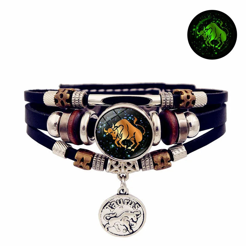 Luminous Zodiac Leather Bracelet – Glow in Dark | All 12 Signs Charm Bracelet PLUSH Taurus