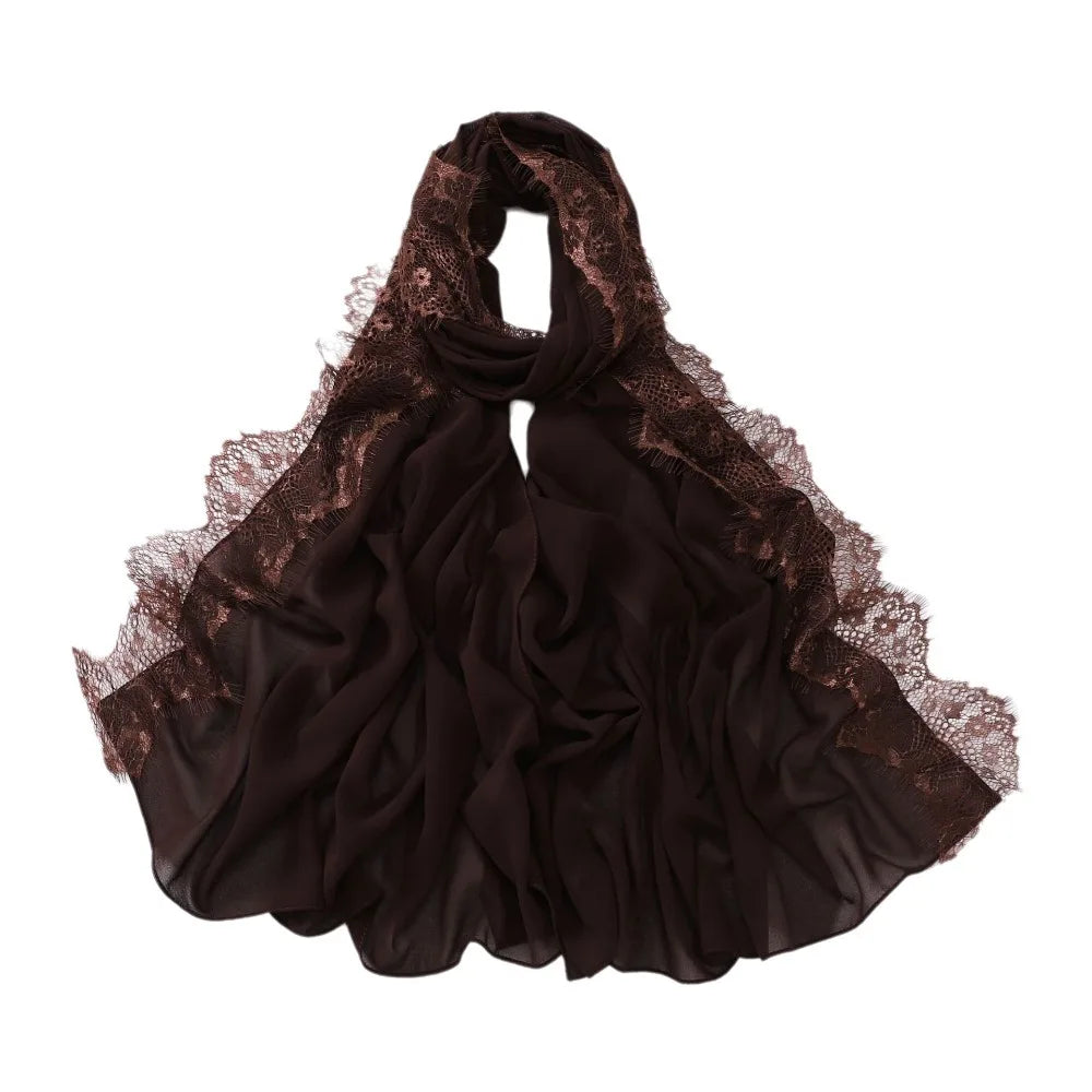 Women's Chiffon Hijab Scarf – Soft Lace Trim Long Shawl Wrap Hijab Head Scarf PLUSH Coffee
