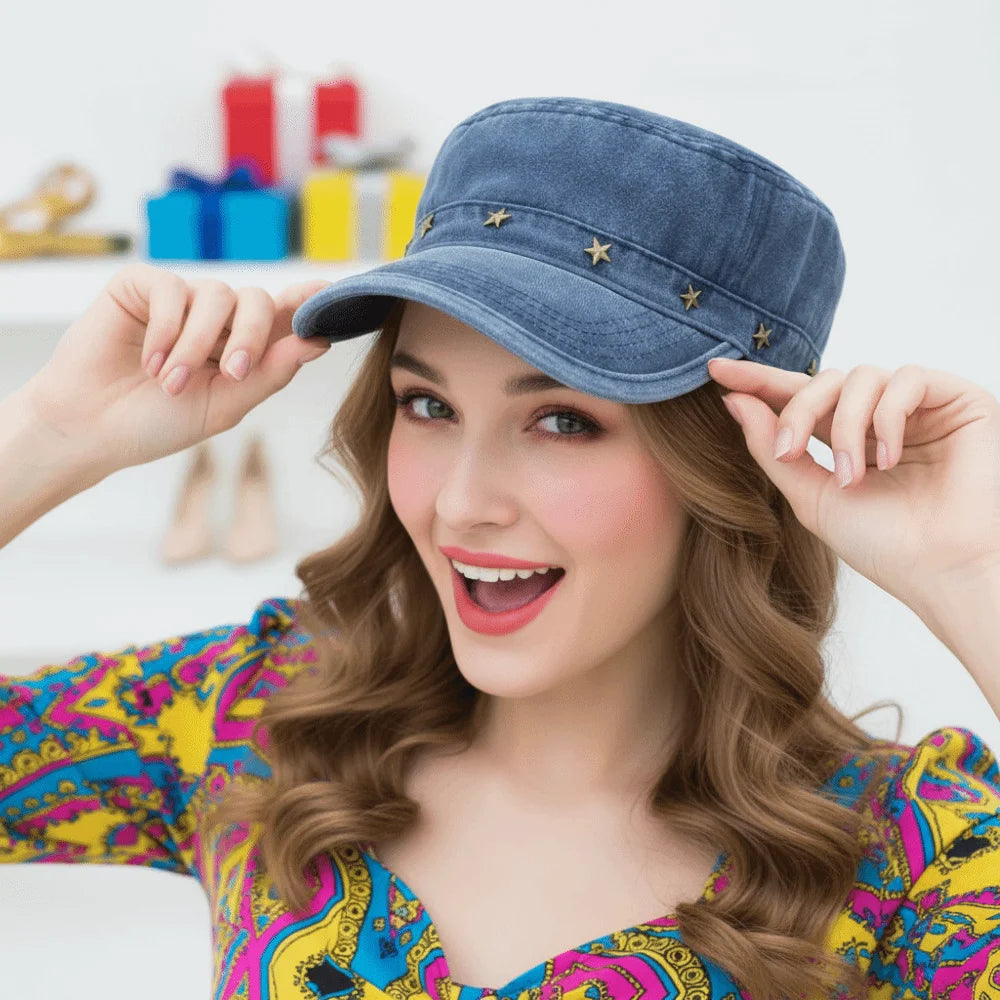 Washed Denim Flat Top Duckbill Cap – Retro Metal Rivet Hat Flat Top Cap PLUSH