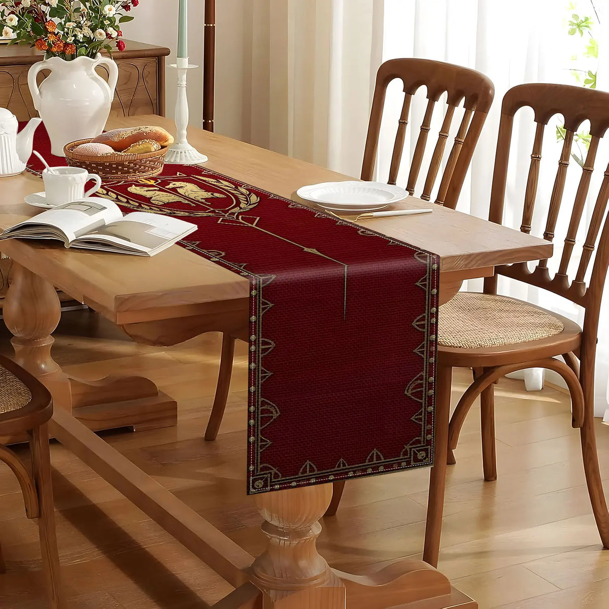 Retro Heraldic Double Horse Table Runner – Red & Gold Decorative Table Runner PLUSH