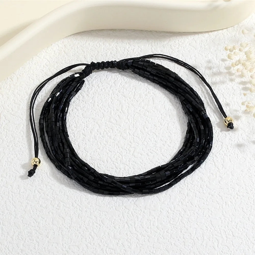 Colorful Boho Stackable Beads Bracelets – Adjustable Multilayer Beaded Bracelet PLUSH Black