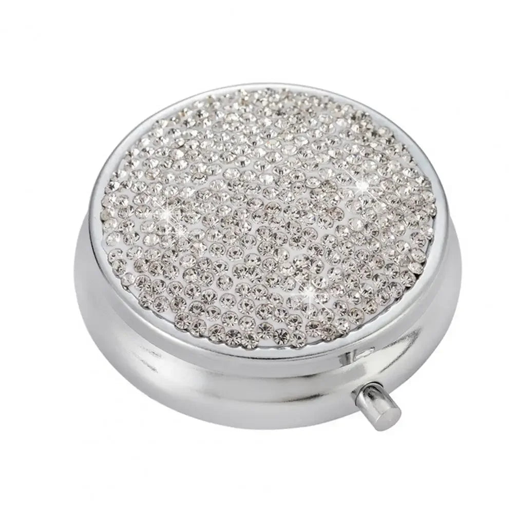 Sparkling Rhinestone Pill Organizer with Mirror – 3 Compartments Pill Organizer Case PLUSH White