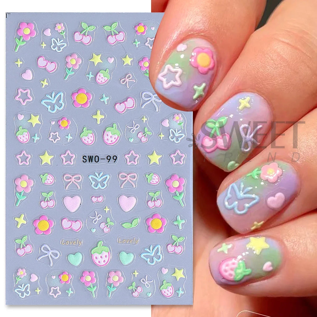 3D Nail Art Stickers – Flower Bow Cherry Butterfly Decals 2pcs Nail Art Stickers PLUSH