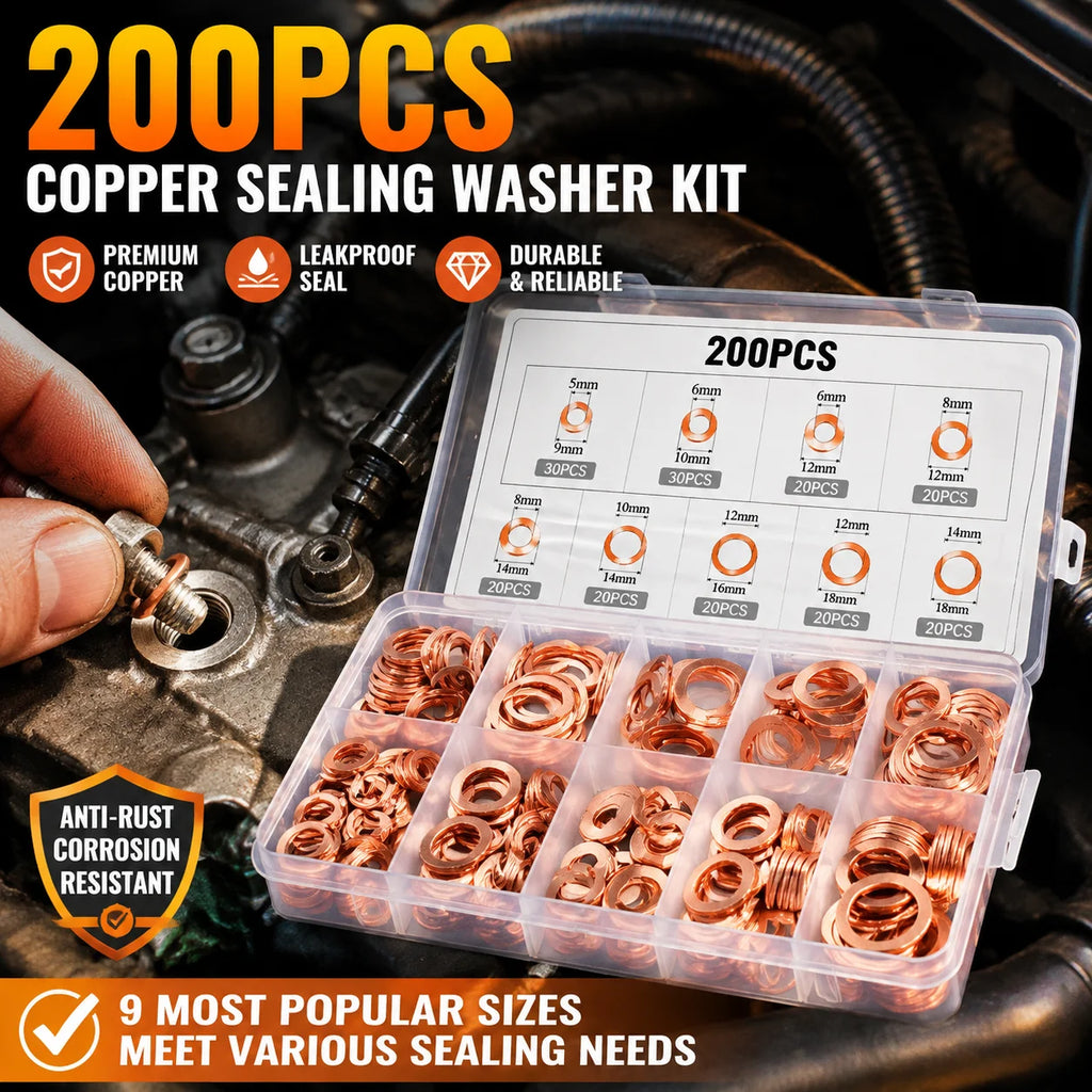 200pcs Copper Sealing Washer Kit M5–M14 Flat Ring Gasket Set Sealing Washer Kit PLUSH