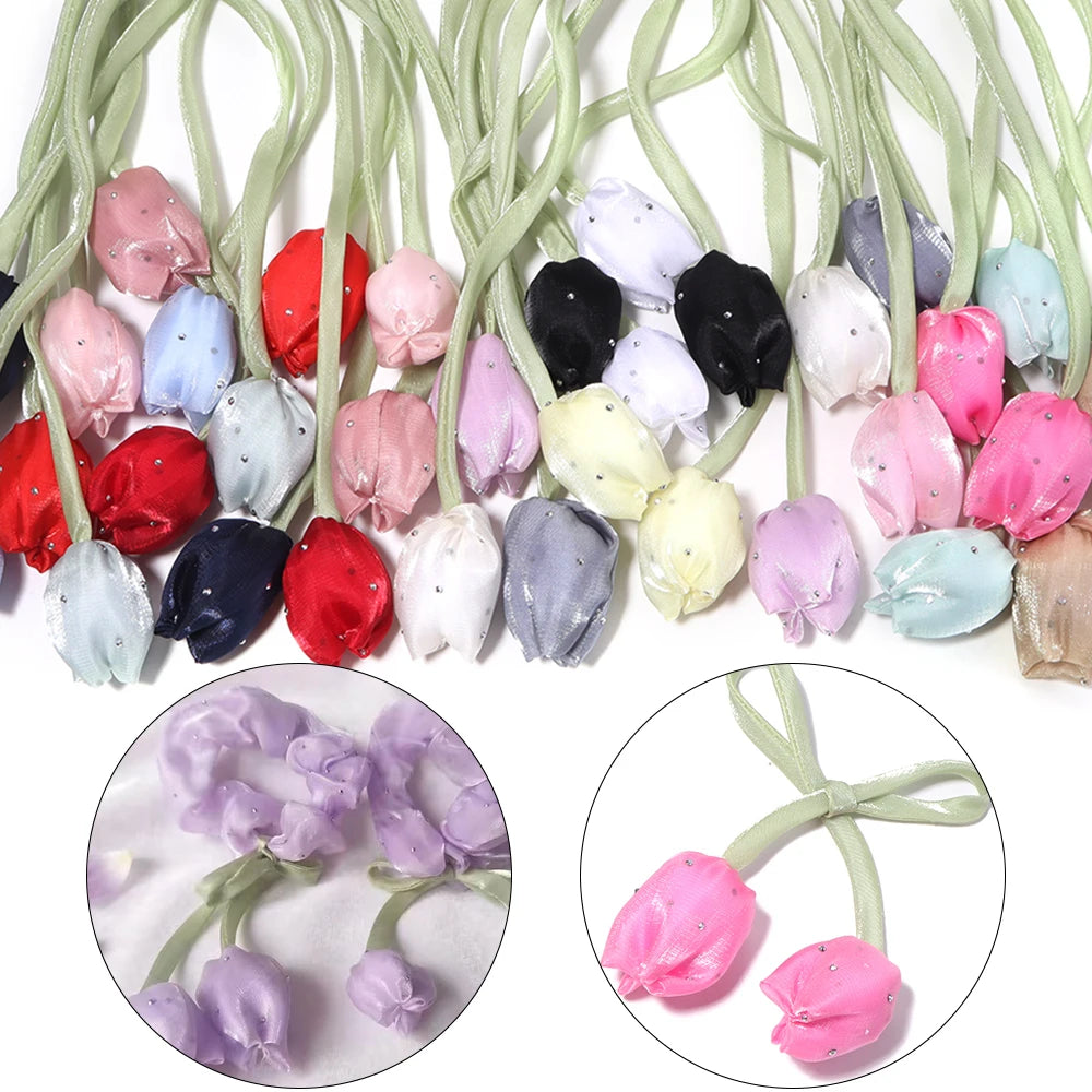 5pcs Satin Tulip Flower Strings Rhinestone DIY Hair & Garment Fabric Flower Trim PLUSH
