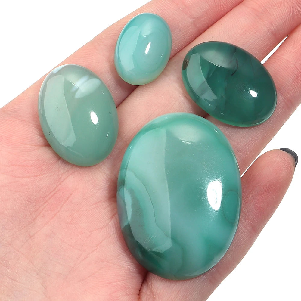 Striped Green Agate Oval Cabochon Flat Back Gemstone Beads DIY Gemstone Cabochon Beads PLUSH