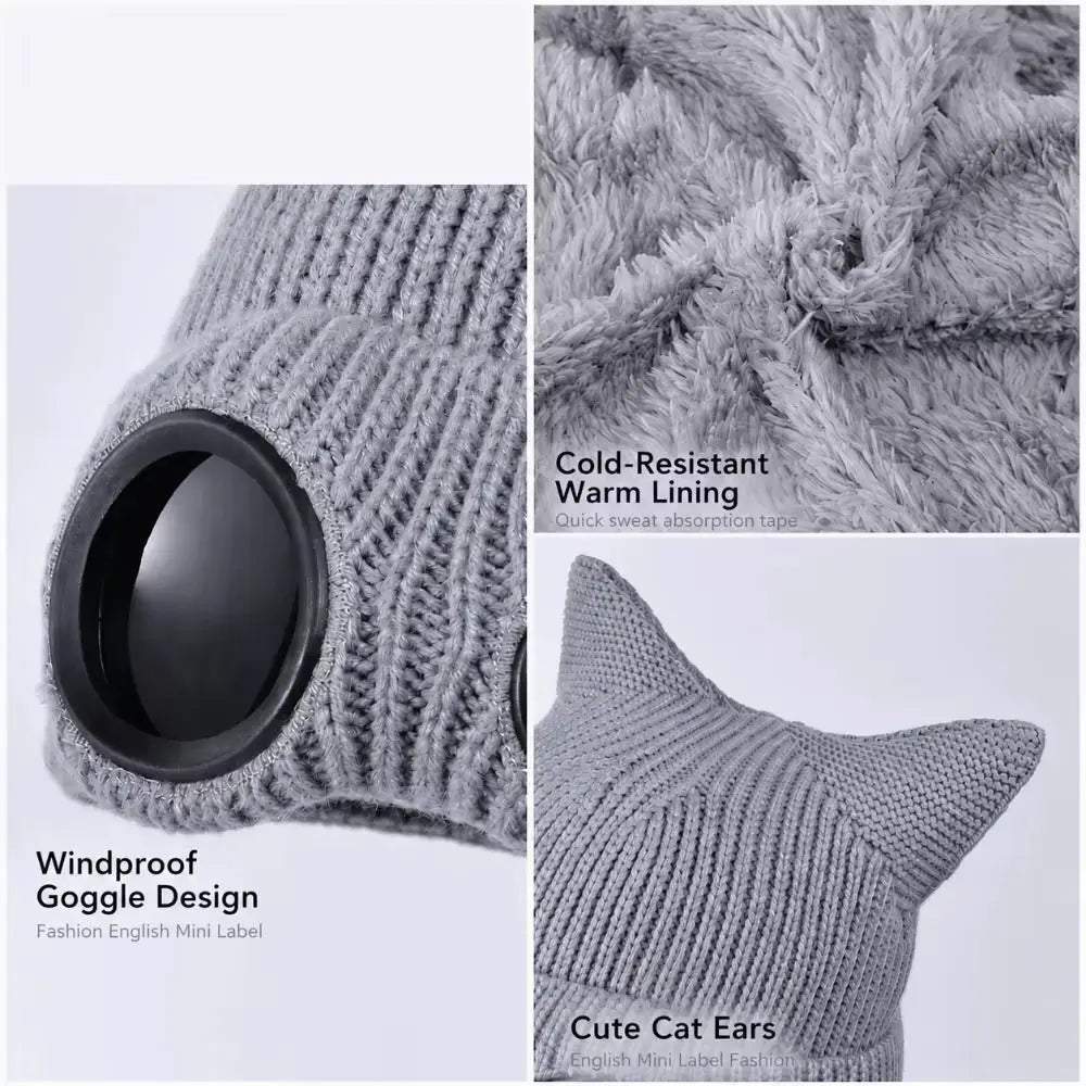 Women's Windproof Knit Ski Mask Hat with Removable Glasses Knit Ski Mask Hat PLUSH