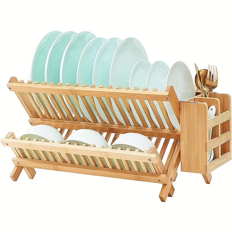Foldable 2-Layer Bamboo Dish Drying Rack with Utensil Holders Dish Drying Rack PLUSH