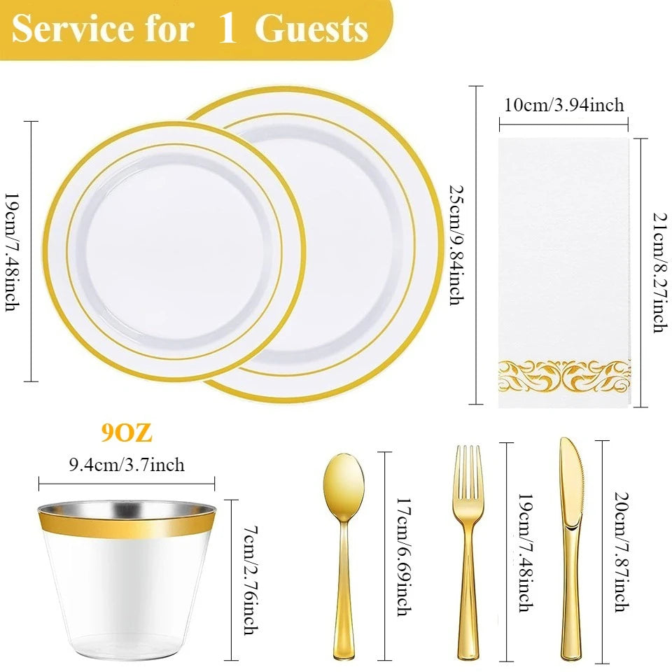Gold Rim Disposable Dinnerware Set – Plates, Cups & Cutlery Disposable Dinnerware Set PLUSH Tableware Set