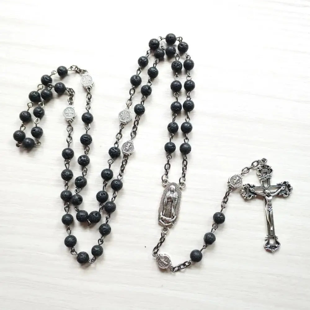 Volcanic Stone Black Rosary Necklace – Cross Crucifix Pendant Rosary Necklace PLUSH