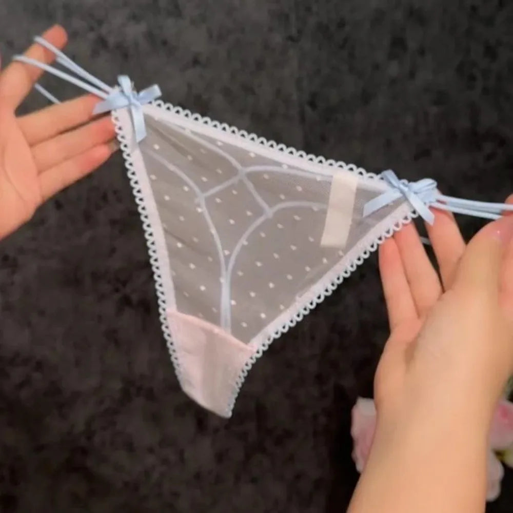 Women's Low Waist Mesh Lace Bow Thong Panties Briefs Women's Thong Panties PLUSH
