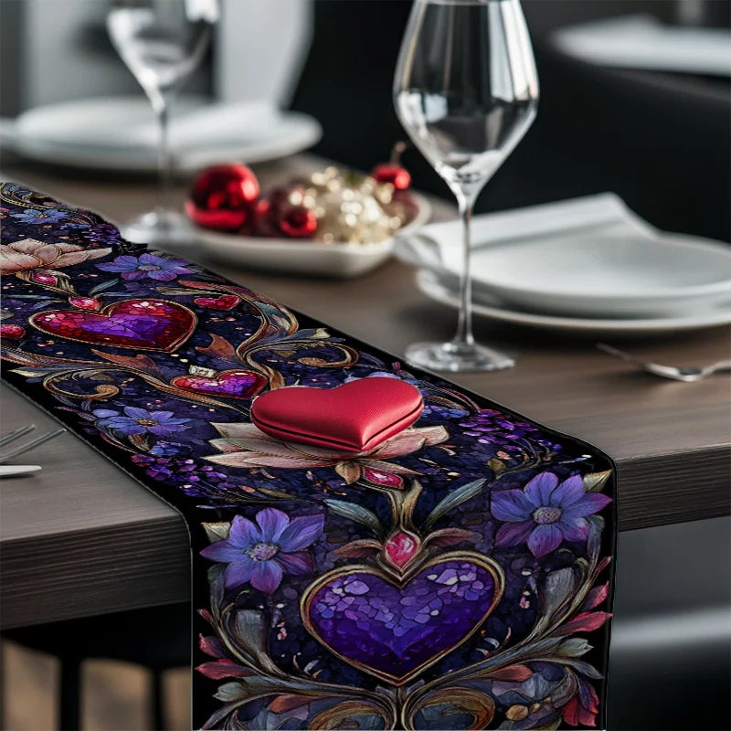 Valentine's Day Table Runner – Heart & Floral Dark Blue Table Runner PLUSH