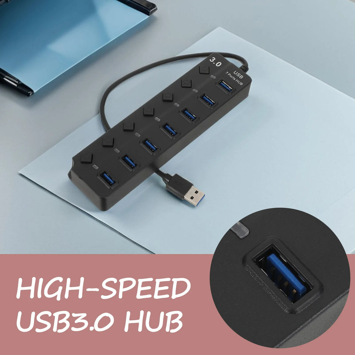Foxnovo 7-Port USB 3.0 Hub Splitter – 5Gbps Fast Data Transfer USB Hub PLUSH