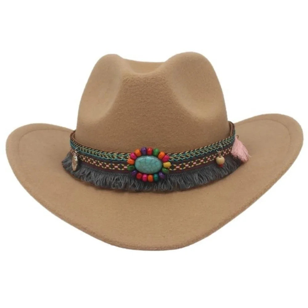Wide Brim Western Cowboy Hat with Tassels – Unisex Cosplay Western Cowboy Hat PLUSH Camel