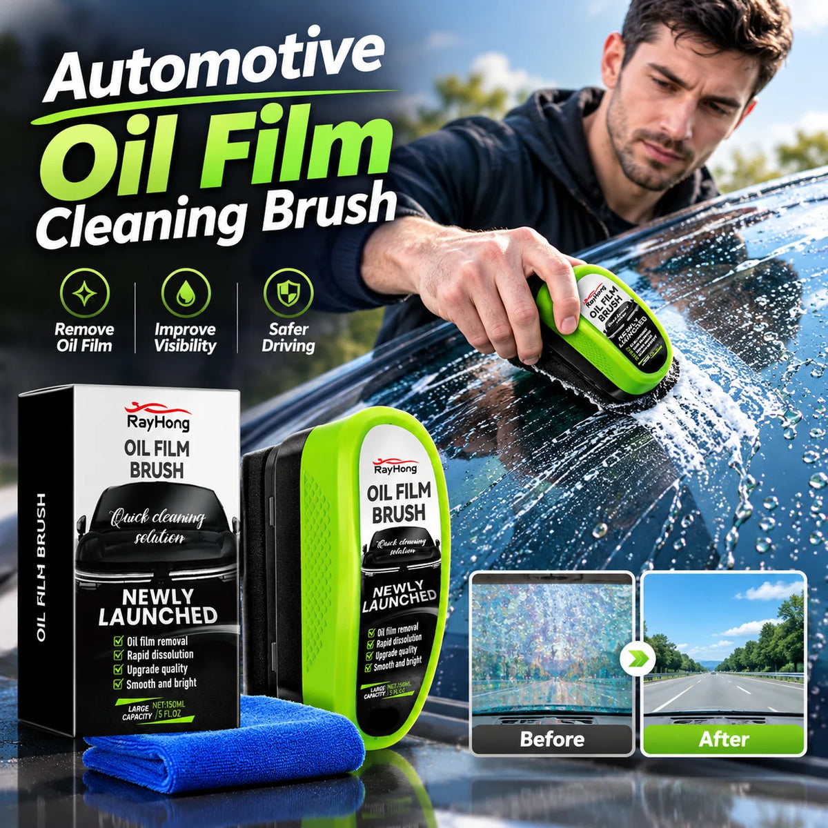 RayHong Car Glass Oil Film Cleaning Brush – 150ml Kit Auto Glass Cleaner PLUSH