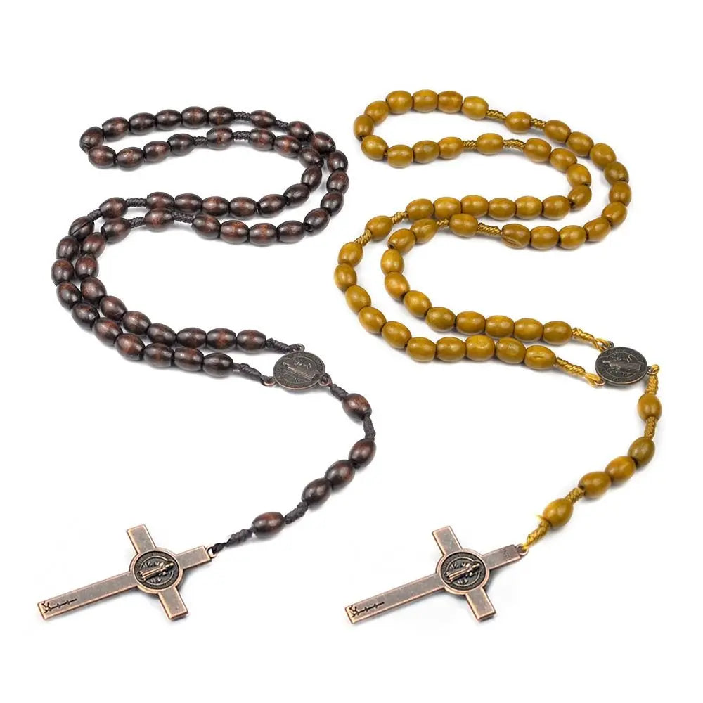 Handmade Catholic Rosary Necklace – Wood Beads & Crucifix Religious Rosary Necklace PLUSH