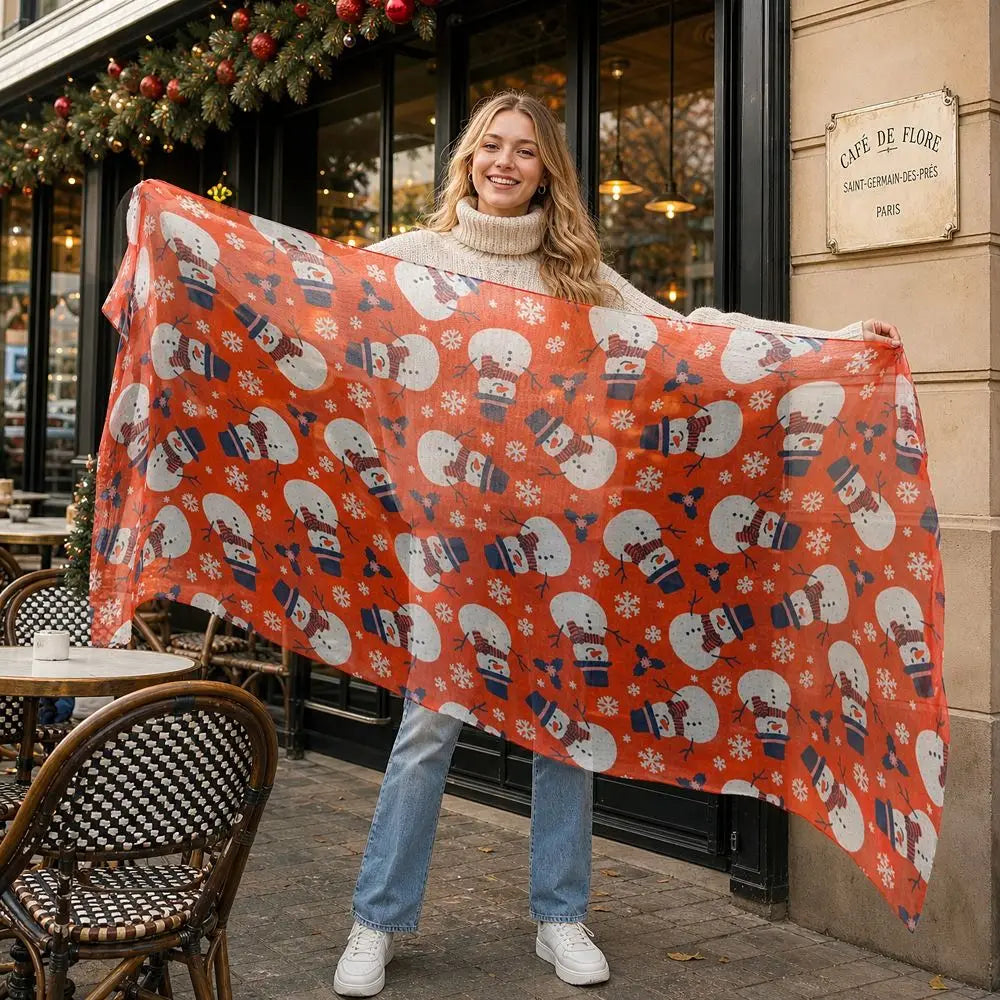Women's Christmas Voile Scarf – Snowman Print Shawl 180x90cm Holiday Voile Scarf PLUSH