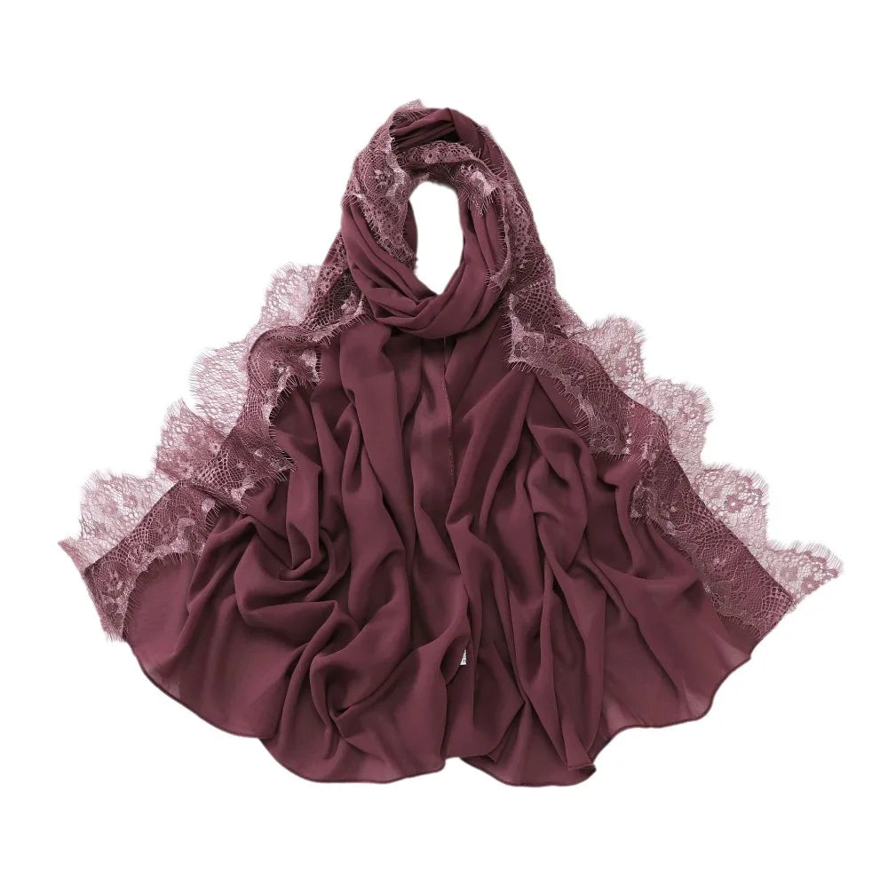 Women's Chiffon Hijab Scarf – Soft Lace Trim Long Shawl Wrap Hijab Head Scarf PLUSH Grape Purple