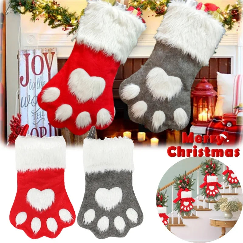 Christmas Dog Paw Fuzzy Stocking – Red Velvet Gift Bag Décor Christmas Stocking PLUSH