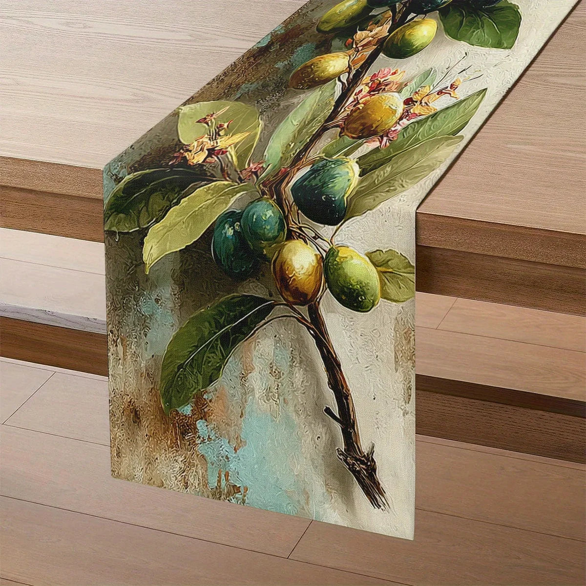 Retro Olive Branch Table Runner | Oil Painting Style Décor Decorative Table Runner PLUSH