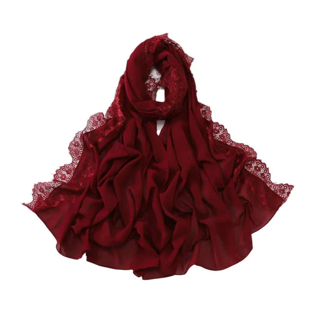 Women's Chiffon Hijab Scarf – Soft Lace Trim Long Shawl Wrap Hijab Head Scarf PLUSH Dark Red